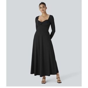 Halara Women's Sweetheart Neck Long Sleeve Pocket Flare Flowy BlackMaxi DressSzM